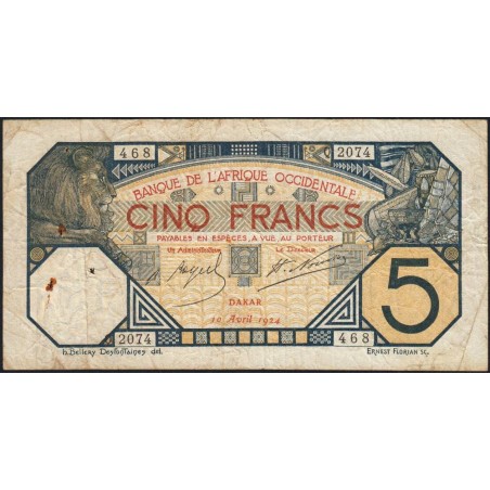 Sénégal - Dakar - Pick 5Bc_2 - 5 francs - Série Q.2074 - 10/04/1924 - Etat : TB-