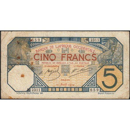 Sénégal - Dakar - Pick 5Bc_2 - 5 francs - Série M.2311 - 10/04/1924 - Etat : TB