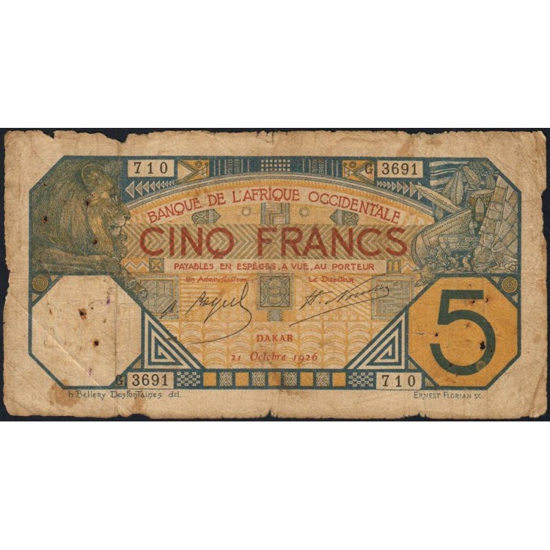 Sénégal - Dakar - Pick 5Bc_5 - 5 francs - Série G.3691 - 21/10/1926 - Etat : B