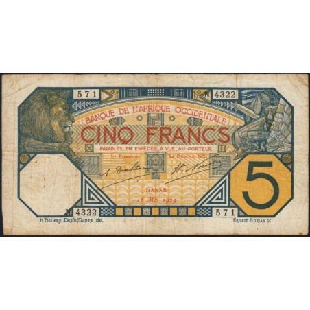 Sénégal - Dakar - Pick 5Bd - 5 francs - Série N.422 - 16/05/1929 - Etat : TB