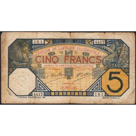 Sénégal - Dakar - Pick 5Bd - 5 francs - Série L.4417 - 16/05/1929 - Etat : TB-