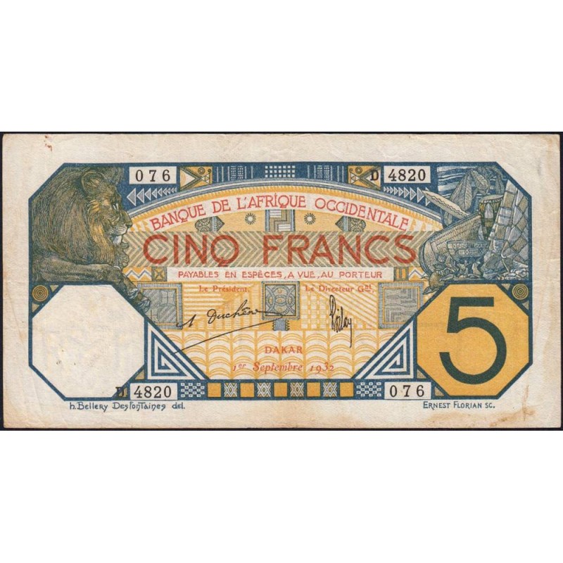 Sénégal - Dakar - Pick 5Be - 5 francs - Série D.4820 - 01/09/1932 - Etat : TTB-