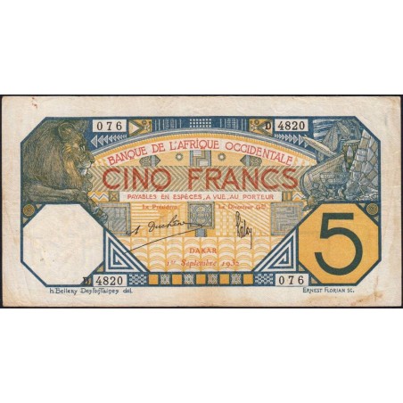 Sénégal - Dakar - Pick 5Be - 5 francs - Série D.4820 - 01/09/1932 - Etat : TTB-