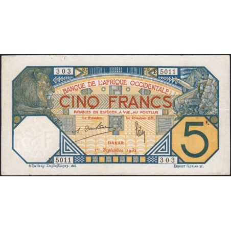 Sénégal - Dakar - Pick 5Be - 5 francs - Série E.5011 - 01/09/1932 - Etat : TTB+