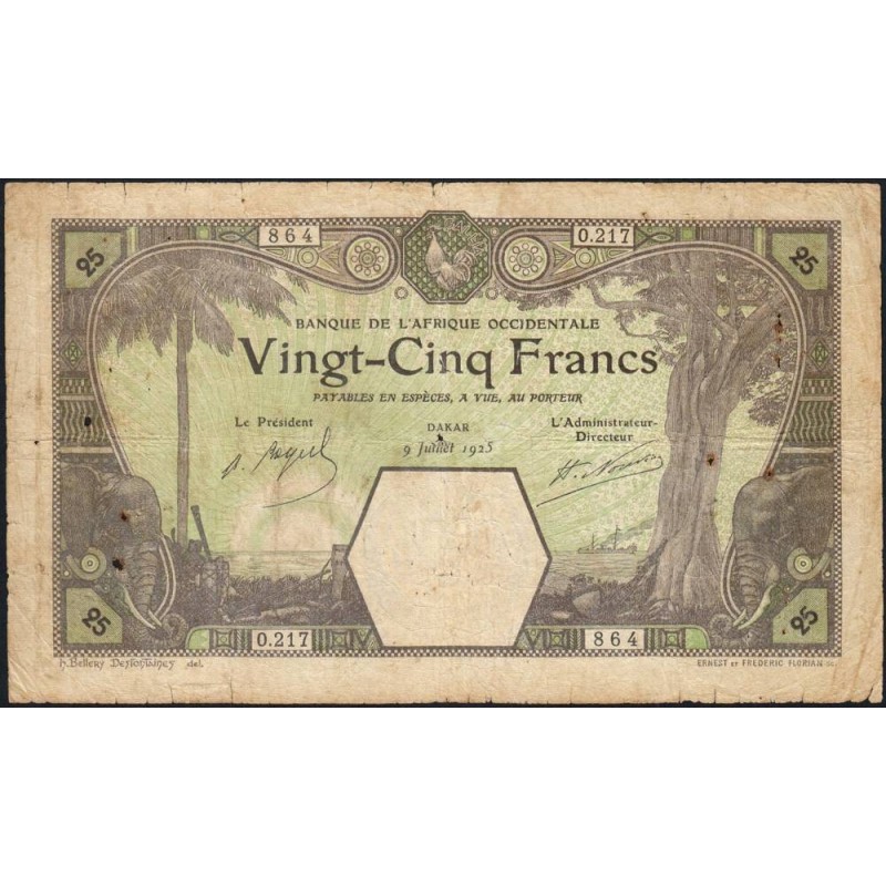 Sénégal - Dakar - Pick 7Bc_2 - 25 francs - Série O.217 - 09/07/1925 - Etat : TB