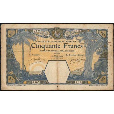 Sénégal - Dakar - Pick 9Bc - 50 francs - Série G.165 - 14/03/1929 - Etat : TB-