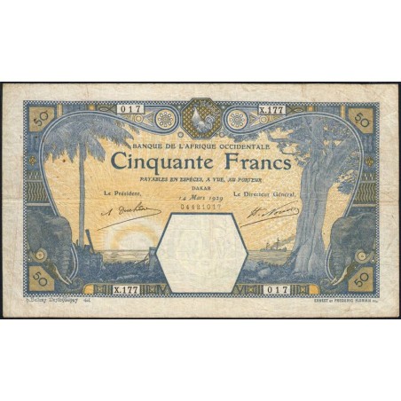 Sénégal - Dakar - Pick 9Bc - 50 francs - Série X.177 - 14/03/1929 - Etat : TB