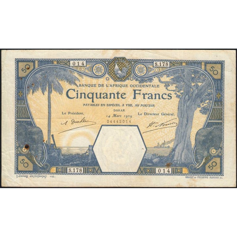 Sénégal - Dakar - Pick 9Bc - 50 francs - Série S.178 - 14/03/1929 - Etat : TTB