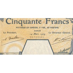 Sénégal - Dakar - Pick 9Bc - 50 francs - Série V.229 - 14/03/1929 - Etat : TTB