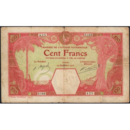 Sénégal - Dakar - Pick 11Bc_2 - 100 francs - Série O.168 - 24/09/1926 - Etat : TB-