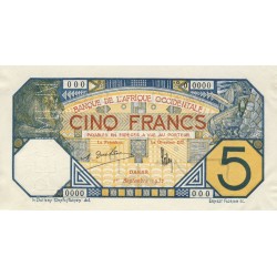 Sénégal - Dakar - Pick 5BeS - 5 francs - Série O.0000 - 01/09/1932 - Spécimen - Etat : SUP+