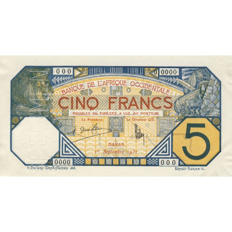 Sénégal - Dakar - Pick 5Bes - 5 francs - Série 0.0000 - 01/09/1932 - Spécimen - Etat : SUP+