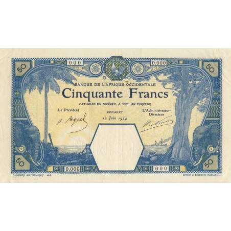 Guinée - Conakry - Pick 9Acs - 50 francs - Série 0.000 - 12/06/1924 - Spécimen - Etat : TTB