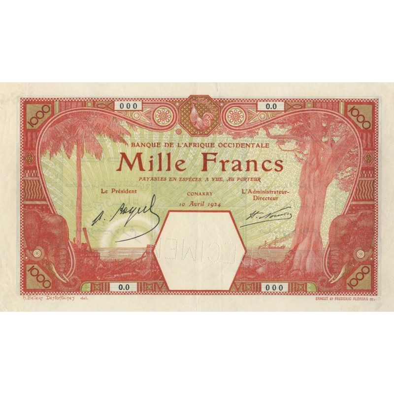 Guinée - Conakry - Pick 15As - 1'000 francs - Série 0.0 - 10/04/1924 - Spécimen - Etat : TTB+