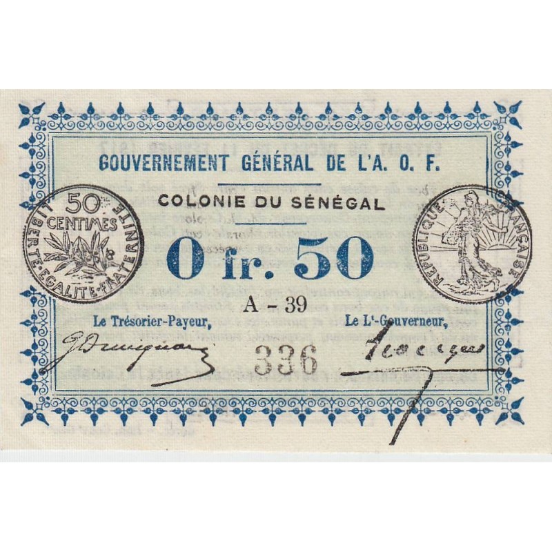 Colonie du Sénégal - Pick 1a - 50 centimes - Série A-39 - 11/02/1917 - Etat : SUP+