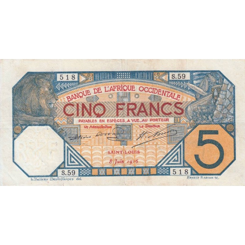 Sénégal - Saint-Louis - Pick 5Fd - 5 francs - Série S.59 - 08/06/1916 - Etat : TTB