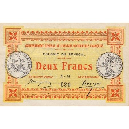 Colonie du Sénégal - Pick 3a - 2 francs - Série A-14 - 11/02/1917 - Etat : SPL