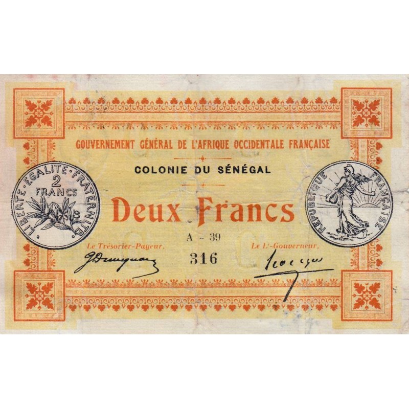 Colonie du Sénégal - Pick 3b - 2 francs - Série A-39 - 11/02/1917 - Etat : TTB-