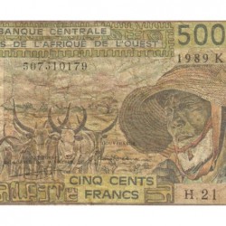 Sénégal - Pick 706Kk - 500 francs - Série H.21 - 1989 - Etat : B