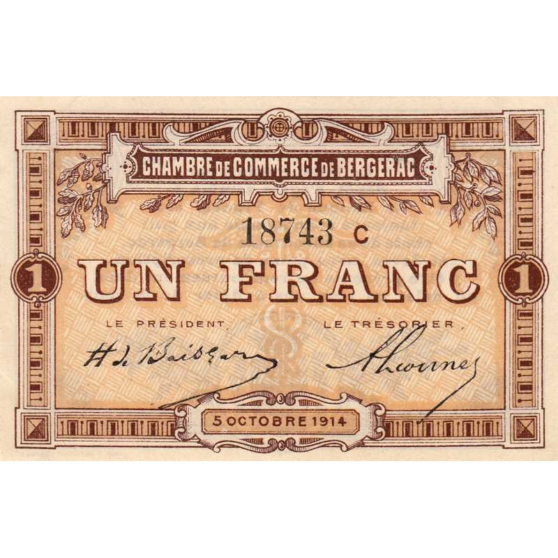 Bergerac - Pirot 24-13 variété - 1 franc - Série C - 05/10/1914 - Etat : SPL