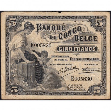 Congo Belge - Pick 4_1 - 5 francs - Elisabethville - Série E - 09/10/1914 - Etat : TB+