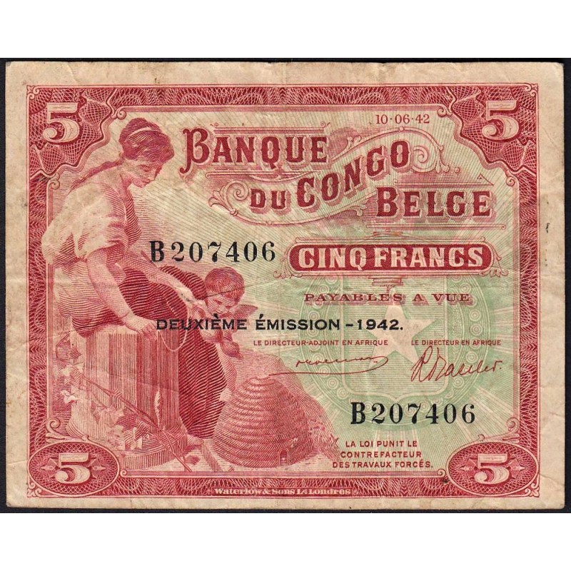 Congo Belge - Pick 13 - 5 francs - Série B - 10/06/1942 - Etat : TB+