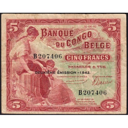 Congo Belge - Pick 13 - 5 francs - Série B - 10/06/1942 - Etat : TB+