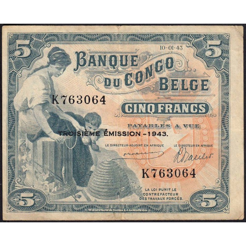 Congo Belge - Pick 13Aa - 5 francs - Série K - Troisième émission - 10/01/1943 - Etat : TTB+