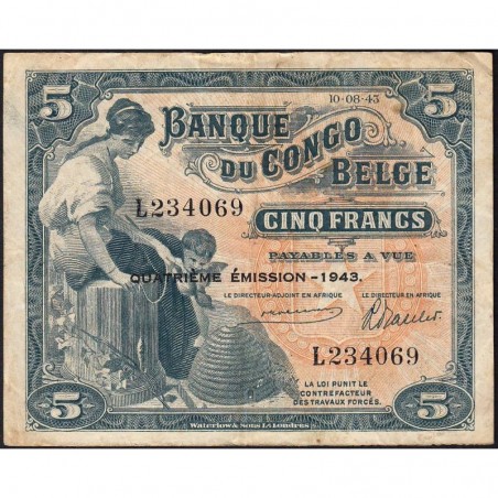 Congo Belge - Pick 13Ab - 5 francs - Série L - 10/08/1943 - Etat : TTB