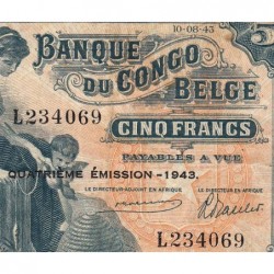 Congo Belge - Pick 13Ab - 5 francs - Série L - 10/08/1943 - Etat : TTB