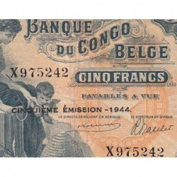 Congo Belge - Pick 13Ac - 5 francs - Série X - 10/03/1944 - Etat : TTB-