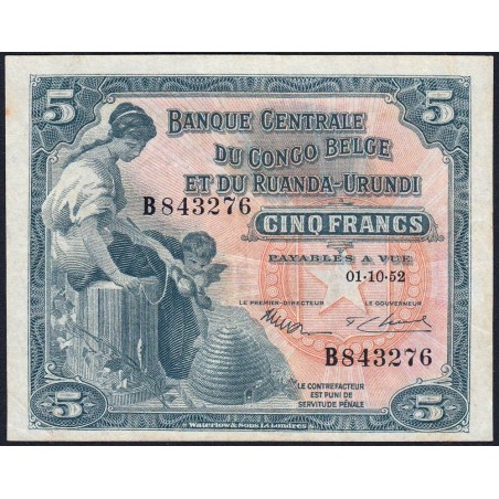 Congo Belge - Pick 21_1 - 5 francs - Série B - 01/10/1952 - Etat : SUP