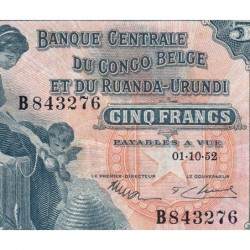 Congo Belge - Pick 21_1 - 5 francs - Série B - 01/10/1952 - Etat : SUP