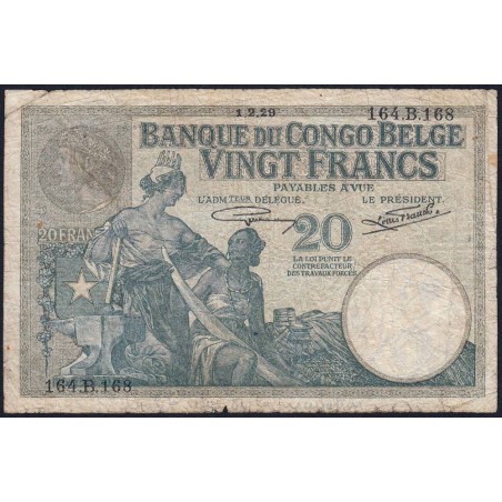 Congo Belge - Pick 10f_1 - 20 francs - Série 164.B - 01/02/1929 - Etat : B+ à TB-