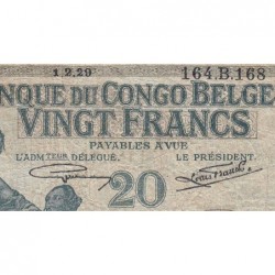 Congo Belge - Pick 10f_1 - 20 francs - Série 164.B - 01/02/1929 - Etat : B+ à TB-