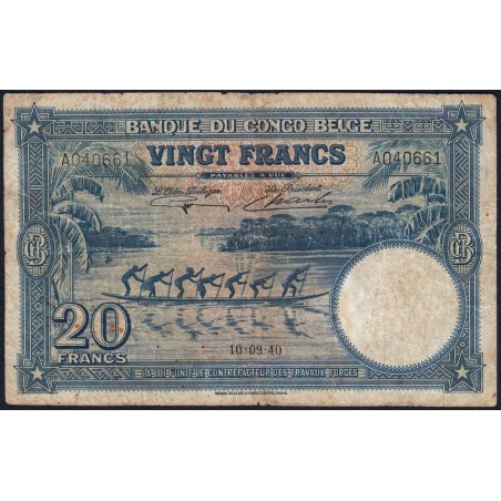 Congo Belge - Pick 15 - 20 francs - Série A - 10/09/1940 - Etat : TB-