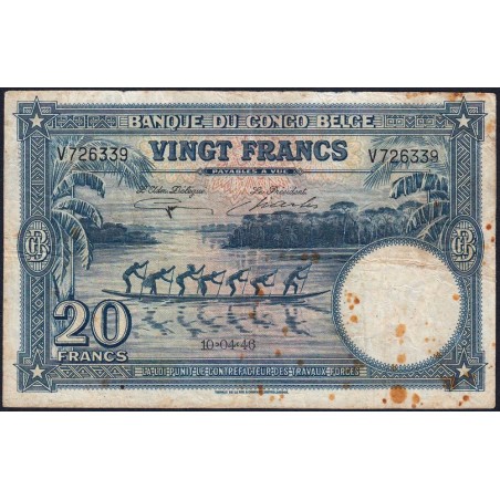 Congo Belge - Pick 15E - 20 francs - Série V - 10/04/1946 - Etat : TB