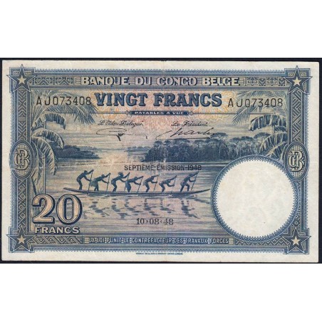 Congo Belge - Pick 15F - 20 francs - Série AJ - 10/08/1948 - Etat : TTB