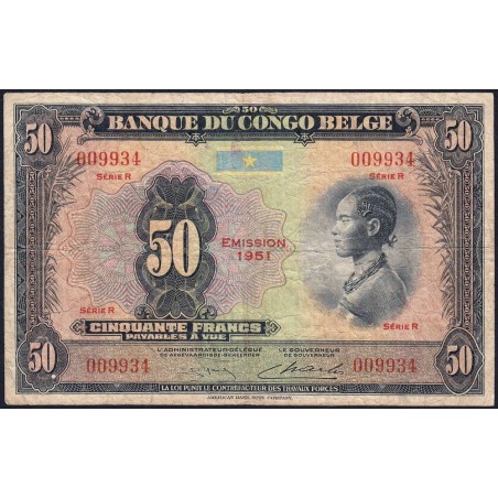 Congo Belge - Pick 16i - 50 francs - Série R - 1952 - Etat : TB