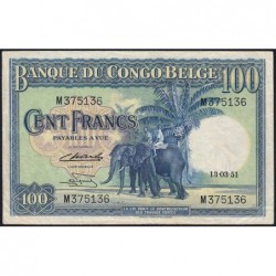 Congo Belge - Pick 17d_3 - 100 francs - Série M - 13/03/1951 - Etat : TTB+
