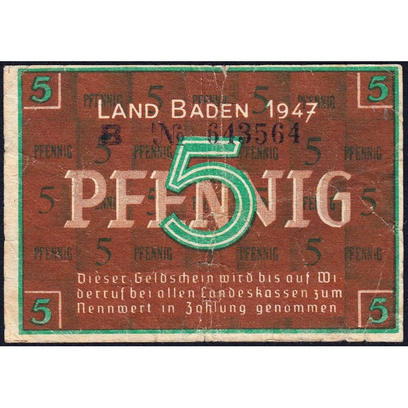 Baden - Occupation Française - Pick S 1001a - 5 pfennig - Série B - 1947 - Etat : TB