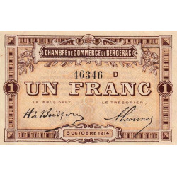 Bergerac - Pirot 24-15 variété - 1 franc - Série D - 05/10/1914 - Etat : SPL-