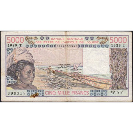 Togo - Pick 808Td - 5'000 francs - Série W.010 (remplacement) - 1989 - Etat : TB