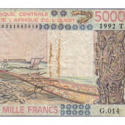 Togo - Pick 808Tm - 5'000 francs - Série G.014 - 1992 - Etat : TB-