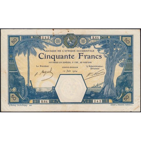 Côte d'Ivoire - Grand-Bassam - Pick 9De - 50 francs - Série X.64 - 12/06/1924 - Etat : TTB+