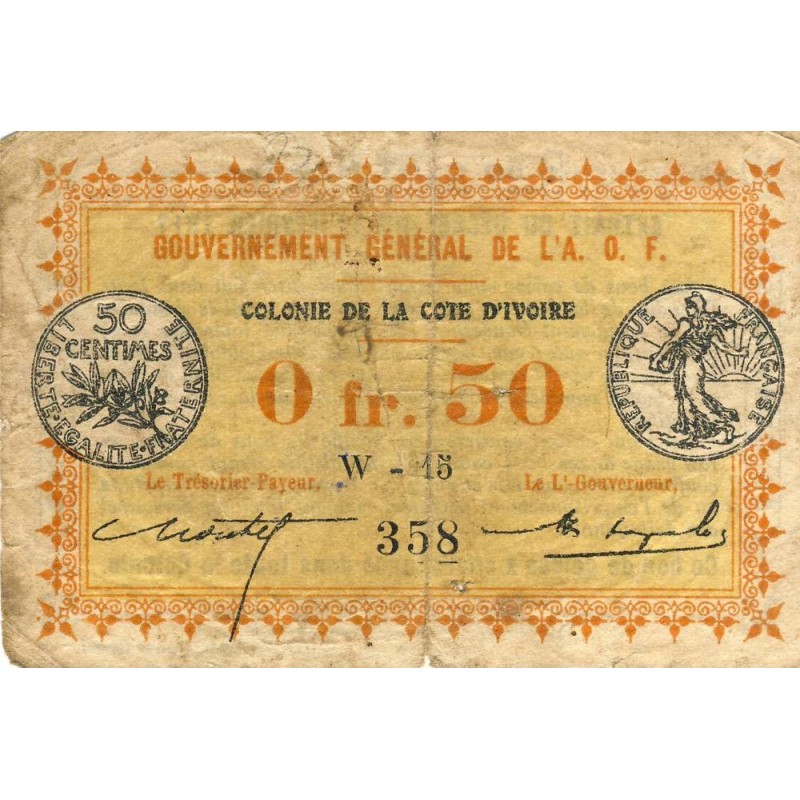 Colonie de la Cote d'Ivoire - Pick 1b_1 - 50 centimes - Série W-15 - 11/02/1917 - Etat : TB-