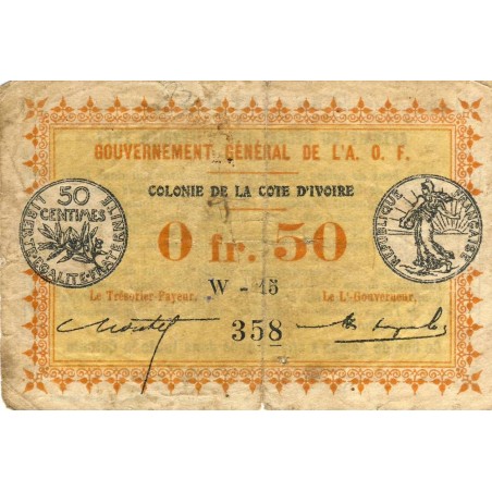 Colonie de la Cote d'Ivoire - Pick 1b_1 - 50 centimes - Série W-15 - 11/02/1917 - Etat : TB-