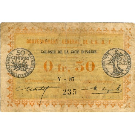 Colonie de la Cote d'Ivoire - Pick 1b_1 - 50 centimes - Série Y-87 - 11/02/1917 - Etat : TB- à TB