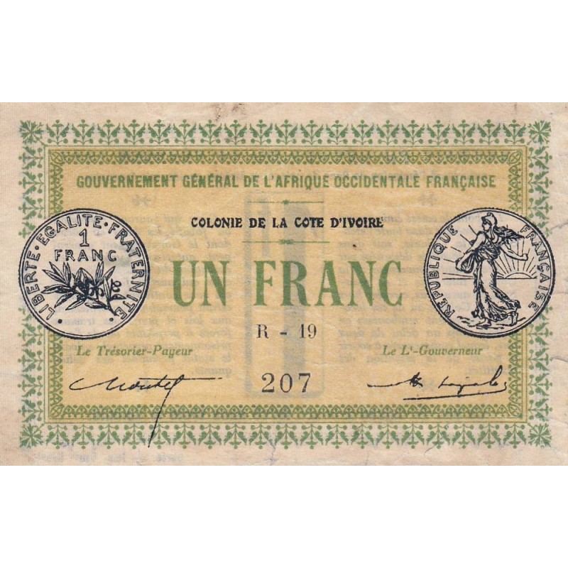 Colonie de la Cote d'Ivoire - Pick 2b - 1 franc - Série R-19 - 11/02/1917 - Etat : TTB+