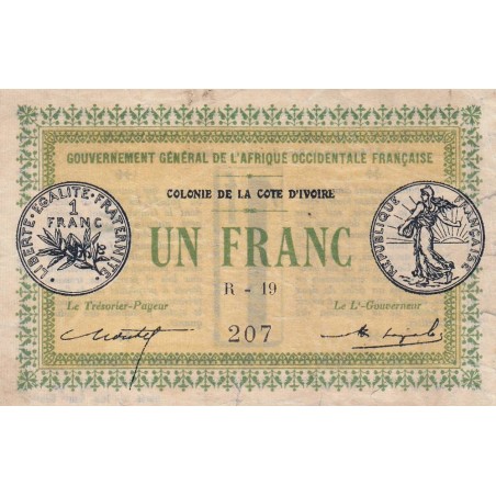 Colonie de la Cote d'Ivoire - Pick 2b - 1 franc - Série R-19 - 11/02/1917 - Etat : TTB+